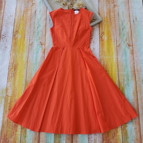 Odeeh Dresses & Skirts - Odeeh Orange Pleated A-Line Cotton Midi Dress 36 S